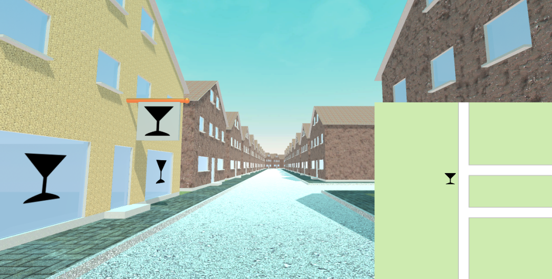 Abb. 2. Kartenabgleichsaufgabe. Die Versuchsteilnehmer sahen eine virtuelle 3D-Umgebung und eine entsprechende Kartendarstellung. Zufällige räumliche Ungenauigkeiten wurden auf die Landmarkendarstellung in der Karte angewendet, um die Auswirkungen räumlicher Ungenauigkeiten auf die Kartenübereinstimmung zu untersuchen.